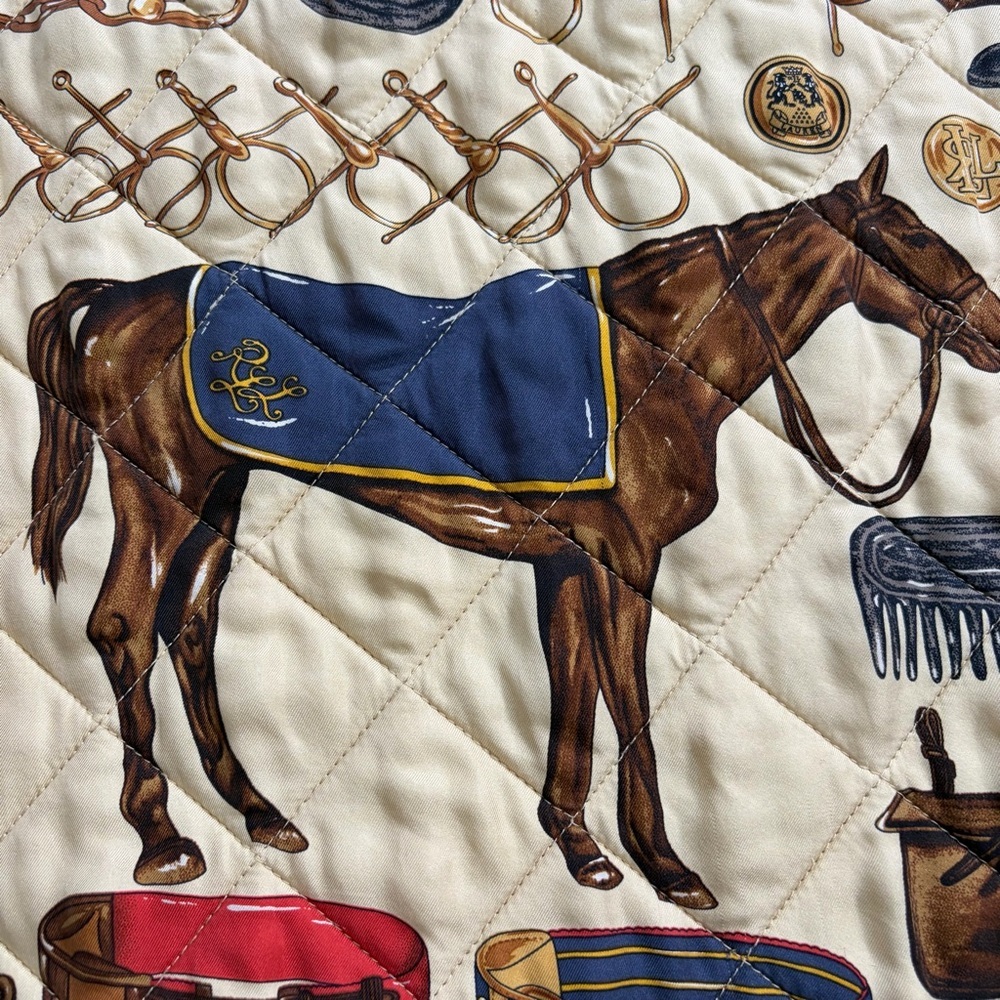 Ralph Lauren Silk Blend Equestrian Print Quilted Vest Reversible Beige Size 1X - Picture 11 of 13